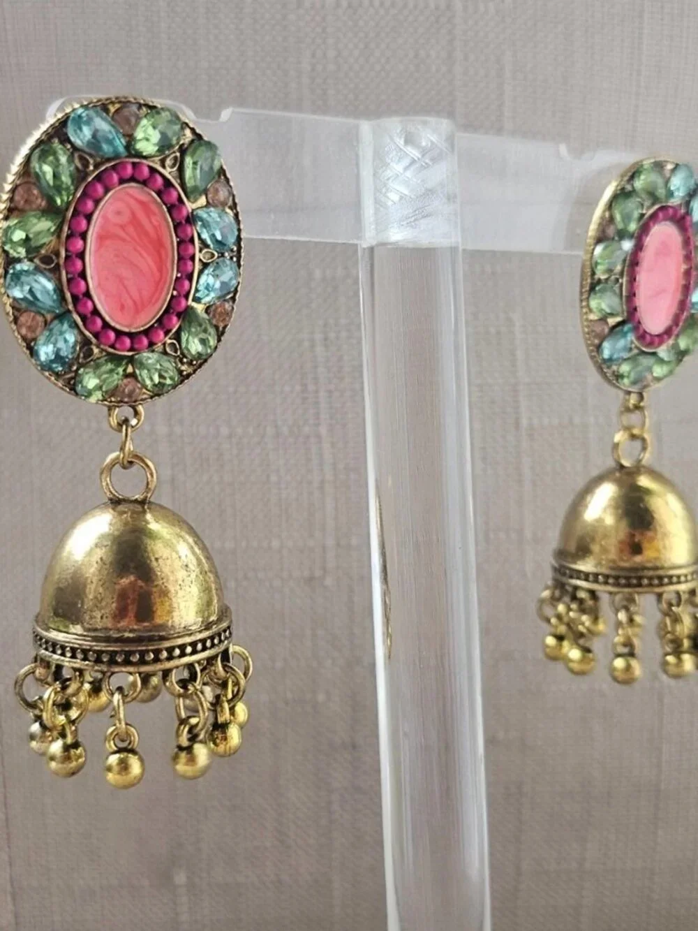 Pakistani Earrings Jhumka Fashion Jewelry Gold Tone Pink Beads Chandelier New - Picture 4 of 13
